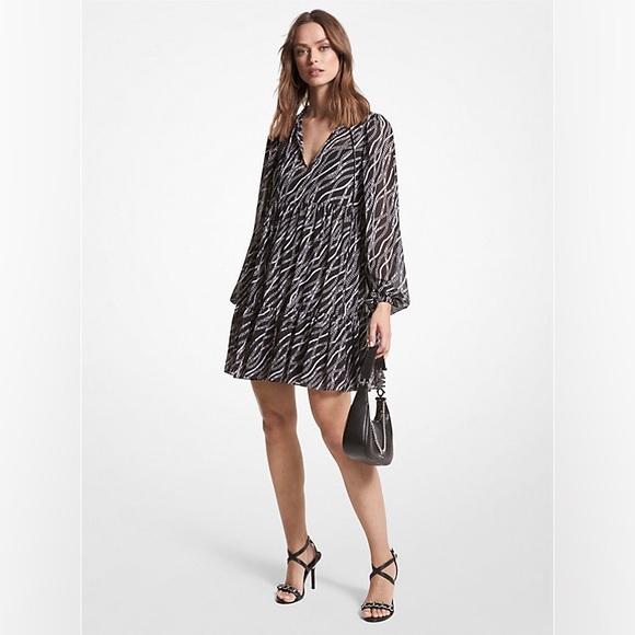 Michael Kors Status Print Georgette Babydoll Dress - Picture 1 of 5
